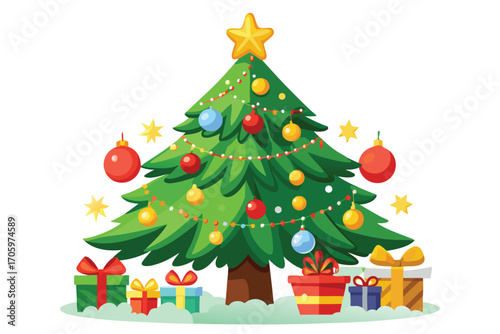 Festive Christmas Tree Scene with Colorful Ornaments, Star, and Wrapped Presents Displayed Beneath Its Branches in a Joyful Holiday Setting
