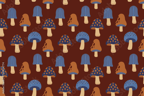 Seamless autumn mushroom pattern with round and triangle shapes in blue, beige, and brown on dark background. Perfect for seasonal crafts and design.