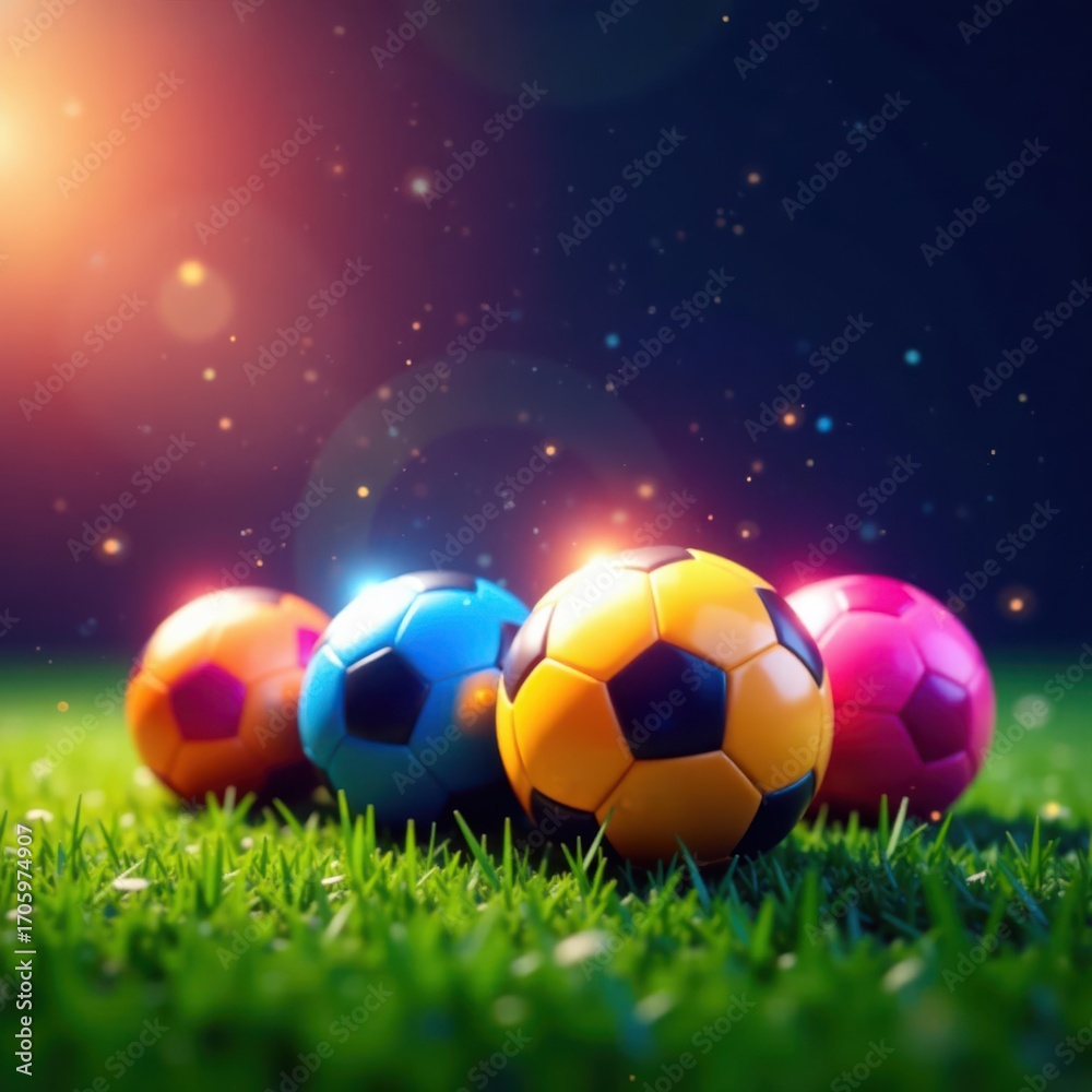 Naklejka premium Four vibrant soccer balls gleam on lush green grass, sparkling dust motes dancing around them , element, stock, wallpaper