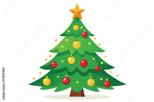 Festive Christmas Tree Illustration with Golden Star Topper and Colorful Baubles for Holiday Season Celebrations and Decoration