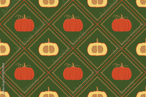 Seamless autumn plaid with pumpkins inside green and orange diagonal grid. Perfect for seasonal crafts, posters, and fabrics.