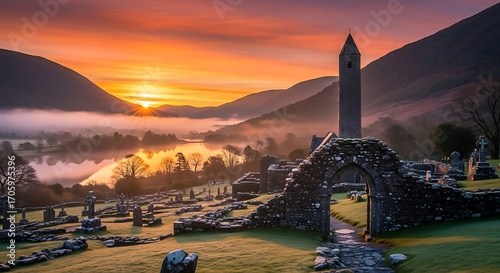 Sunrise over Glendalough Monastic Site in Wicklow Mountains Ireland with Ancient Round Tower and Mist.