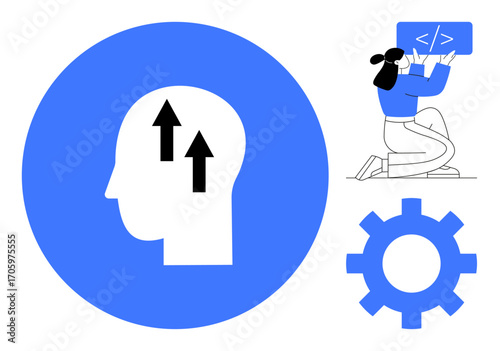 Human head with upward arrows symbolizing growth, woman coding, gear icon signifying technology. Ideal for innovation, learning, programming, problem solving, creativity, software development simple