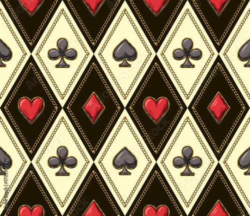 Seamless geometric pattern with red, black card suits icons on checkered ornament in rhombus grid. Hearts, clubs, spades, diamonds symbols. Gambling, casino theme