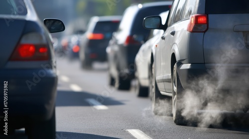 Wallpaper Mural Traffic congestion creates visible haze of exhaust fumes as vehicles idle on road. scene captures frustration of commuters in busy urban environment Torontodigital.ca