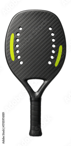 Beach tennis racket with a lightweight carbon frame and anti-slip handle for sunny conditions