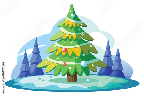 Whimsical Christmas Tree Scene with Snowy Landscape and Evergreen Forest, Festive Holiday Illustration