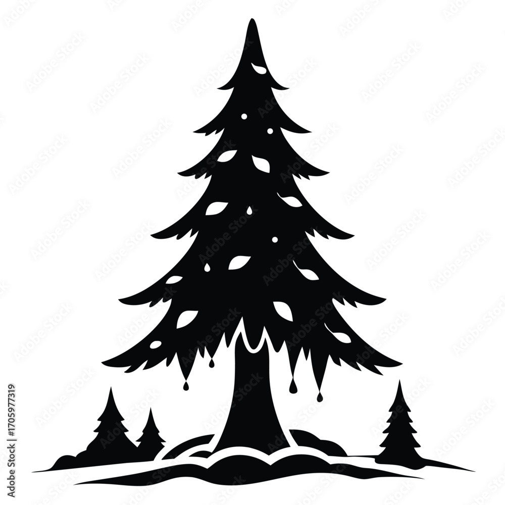 Obraz premium Black Silhouette of a Majestic Evergreen Tree Amidst a Forest of Smaller Trees and a Rugged Forest Floor