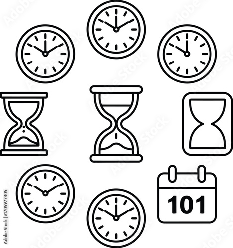 Collection of clocks, hourglasses, and a calendar representing the concept of time management and deadlines.