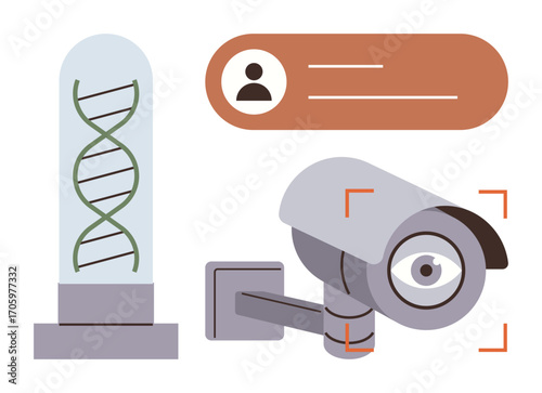 DNA strand in glass tube, a surveillance camera with focus highlights, and profile ID data. Ideal for genetics, data security, surveillance, biotechnology, privacy, identity simple flat metaphor