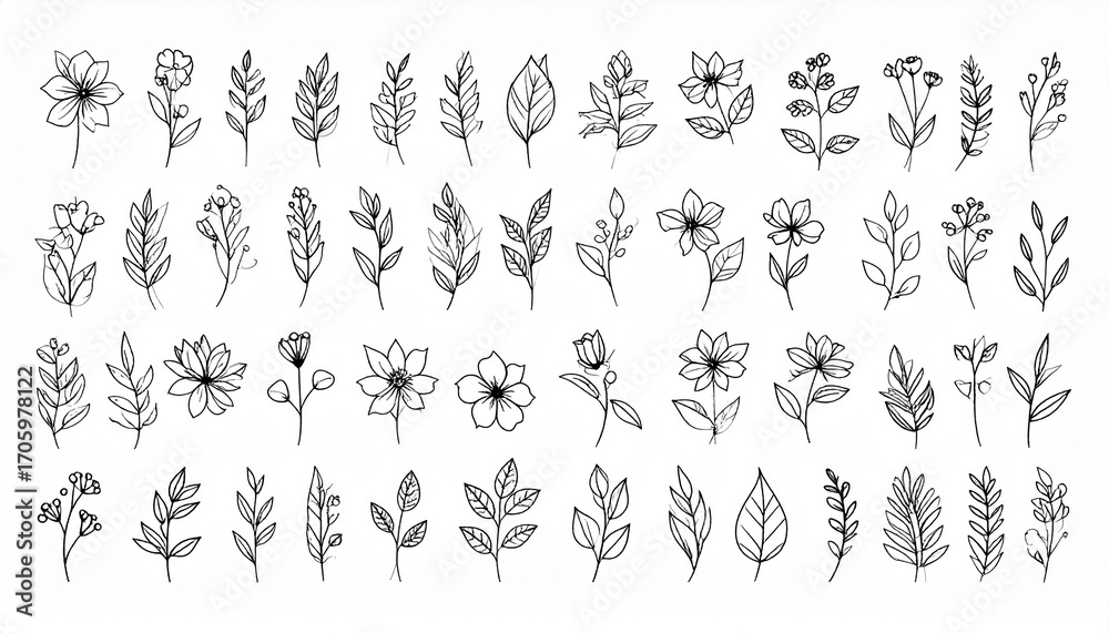 Obraz premium A versatile collection of elegant hand-sketched floral elements, perfect for nature-inspired graphic design projects, emphasizing organic beauty and artistic concepts