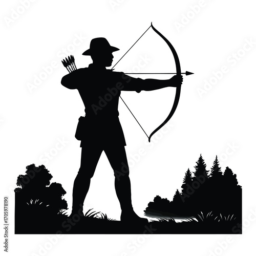 Silhouette of archer aiming bow and arrow in a forest setting archery target