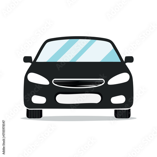 Front view illustration of a sleek, black passenger car with a bright blue windshield and white accents.