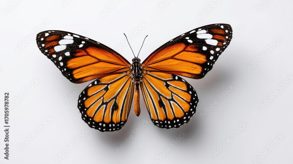 Fototapeta premium Vibrant Monarch Butterfly on White Background Displaying Detailed Wings