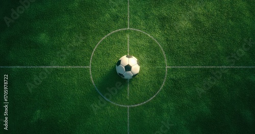 Bird's-eye view of a soccer ball in center circle on a green grass field with white lines crossing at the center point