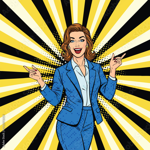 A joyful pop art illustration of a businesswoman in a blue suit pointing excitedly in two directions.