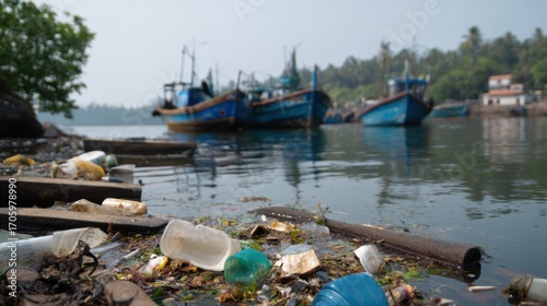 Plastic waste accumulates in river estuary, highlighting environmental concerns. Fishing boats are visible in background, surrounded by pollution, evoking sense of urgency for conservation efforts