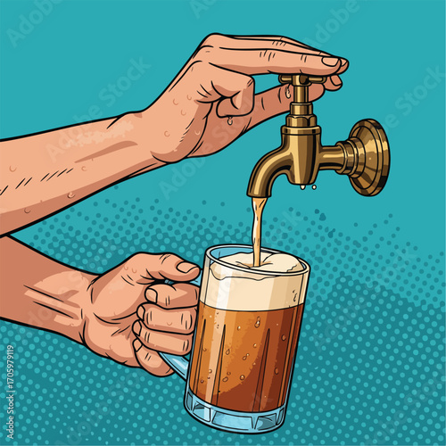A pop art illustration of hands pouring fresh draft beer from a brass tap into a glass mug.