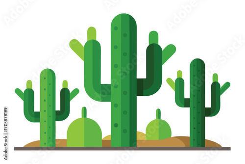 Vibrant Cactus Landscape Flat Vector Design Depicting Desert Flora and Arid Environment with Saguaro and Barrel Cactus Group