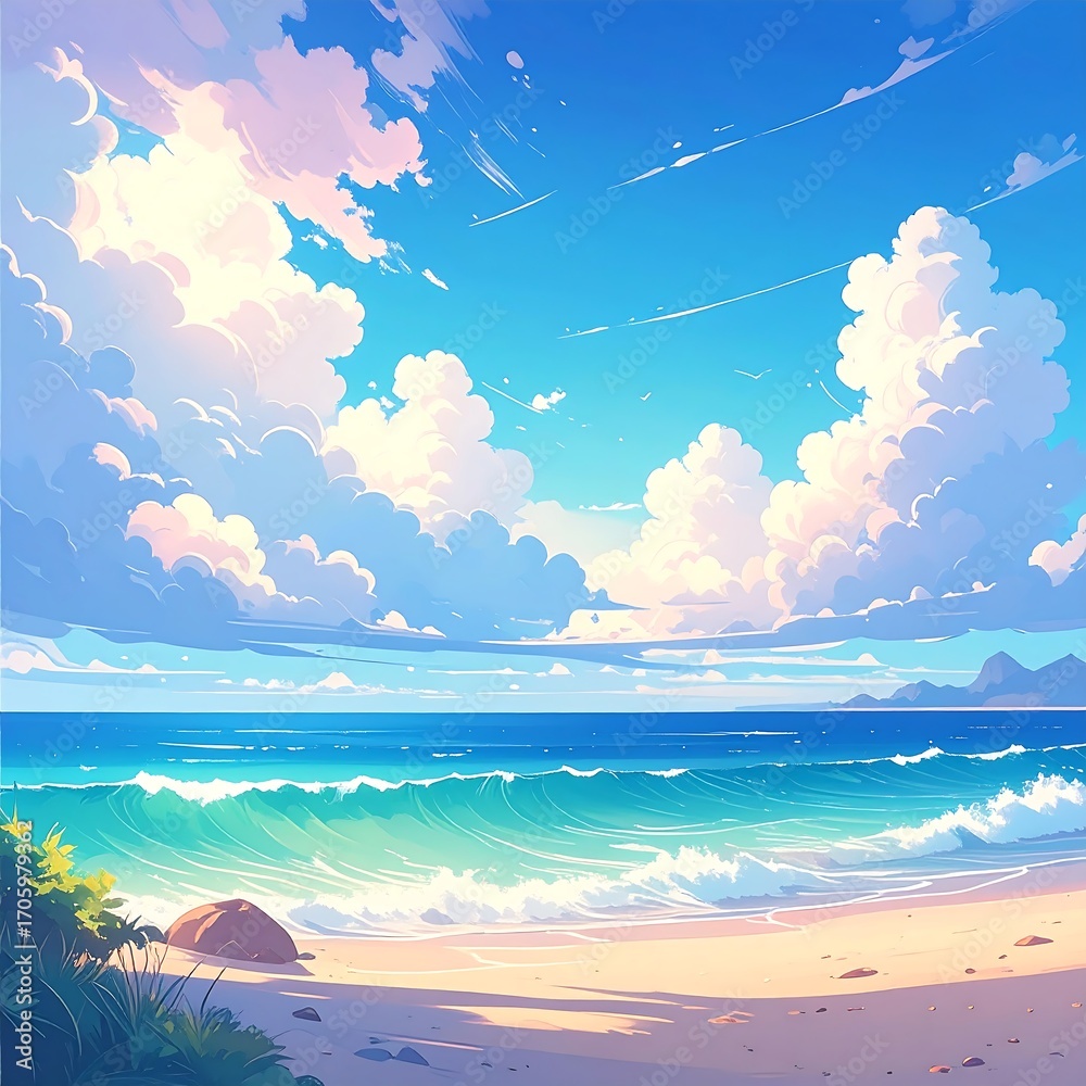 Fototapeta premium Pastel beach scene with vibrant clouds and ocean waves