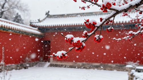 Ancient Building with Red Walls and Red Plum Blossoms in Snow