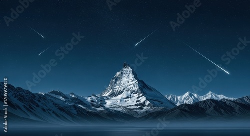 A tranquil meteor shower over the iconic snow-covered peak of the Matterhorn mountain in the Swiss Alps at night. A majestic and peaceful alpine landscape.