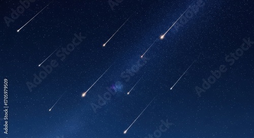 A beautiful meteor shower with multiple shooting stars streaking across a deep blue night sky with the faint glow of the Milky Way.