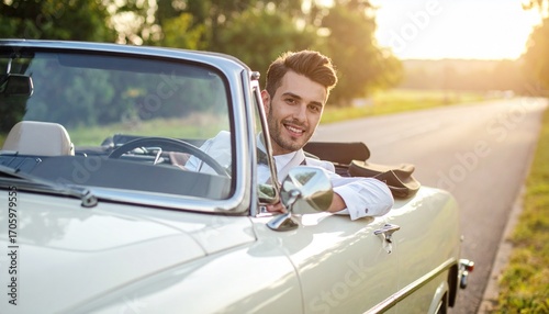 Cheerful young man driving a classic convertible car on a sunny road, embracing the freedom and joy of the open highway during a beautiful sunset