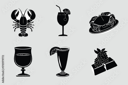 A set of icons for food and drink, including a lobster dinner, blackberry compote jello, a chocolate milk glass, in a monochrome, simple shapes, white background, 