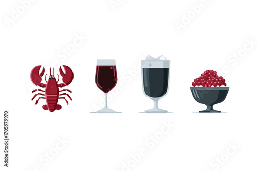 A set of icons for food and drink, including a lobster dinner, blackberry compote jello, a chocolate milk glass, in a monochrome, simple shapes, white background, 
