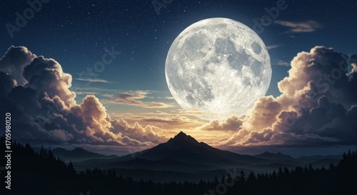 Full Moon Rising Above Mountain Peaks at Night with Cloudy Sky