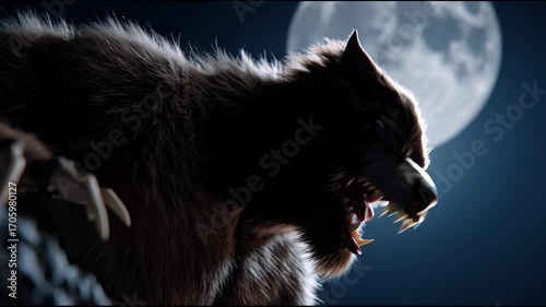 A large animal with a big head and a big body is looking at the moon. The moon is in the background and is very bright