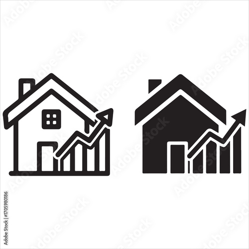 House with upward trend arrow and bar chart icons representing real estate growth