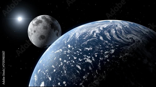 A close up of the Earth and Moon. The Moon is in the foreground and the Earth is in the background