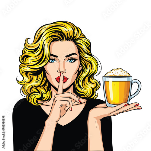 A retro comic book illustration of a glamorous blonde woman holding a mug of beer and making a shushing gesture.