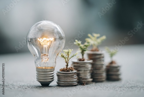 Lightbulb glows beside coin stacks with tiny plants, blurred background. Concept of investment, growth, and innovation, soft focus, neutral tones