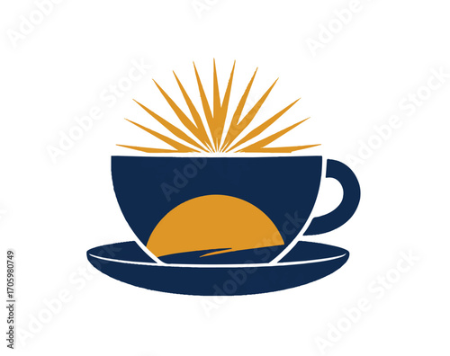 Logo, vector-style logo of coffee and sunset in navy blue with gold highlights, simple design with thick lines, white background 