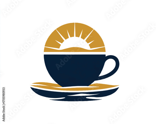 Logo, vector-style logo of coffee and sunset in navy blue with gold highlights, simple design with thick lines, white background 