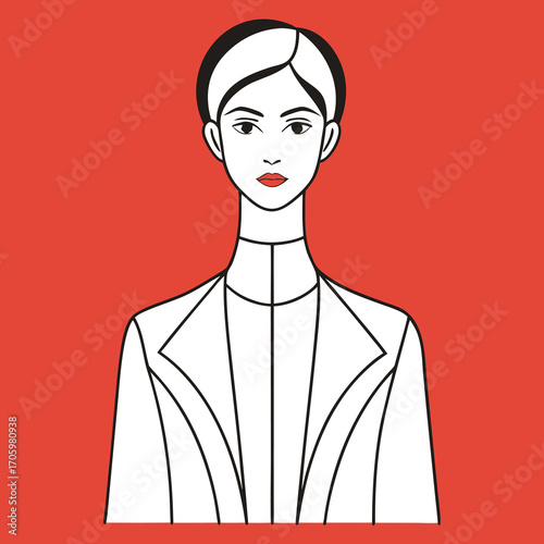 Minimalist fashion model line art with elegant flowing hair and subtle color accents