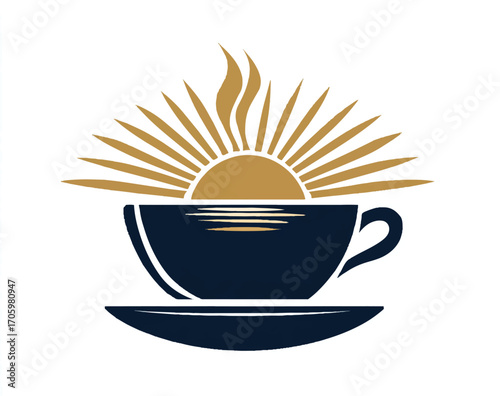Logo, vector-style logo of coffee and sunset in navy blue with gold highlights, simple design with thick lines, white background 