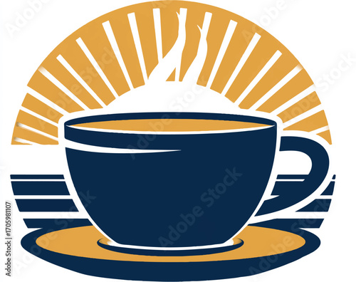 Logo, vector-style logo of coffee and sunset in navy blue with gold highlights, simple design with thick lines, white background 