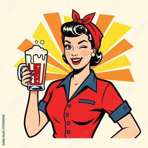 A retro pop art illustration of a winking pinup woman holding a frothy mug of beer.