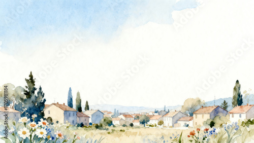 Village Watercolor Painting: Serene Small Town Scenery