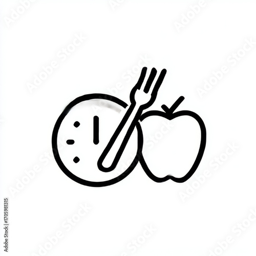 Outline icon of clock, fork, and apple, black and white, representing meal timing and healthy eating with copy space