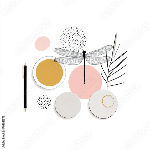 Abstract flat lay composition with dragonfly sketch, pen, circles, and palm leaf outline, black, gold, pink, white, representing creativity and inspiration with copy space