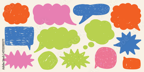 Collection of colorful hand drawn speech bubbles and thought clouds in various shapes and sizes