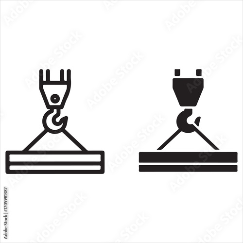 Two stylized icons of a crane hook lifting a heavy object