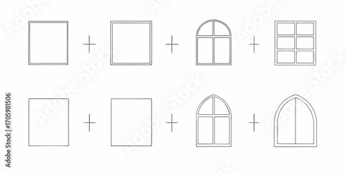 Collection of simple line drawings of different window styles including square arched and multi pane designs