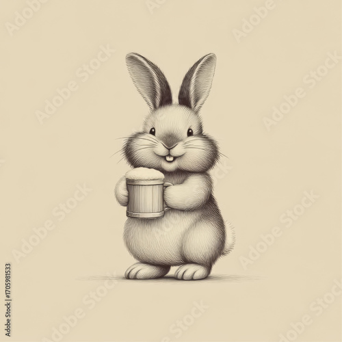 Fluffy rabbit happily holding a wooden mug on a light beige background with copy space