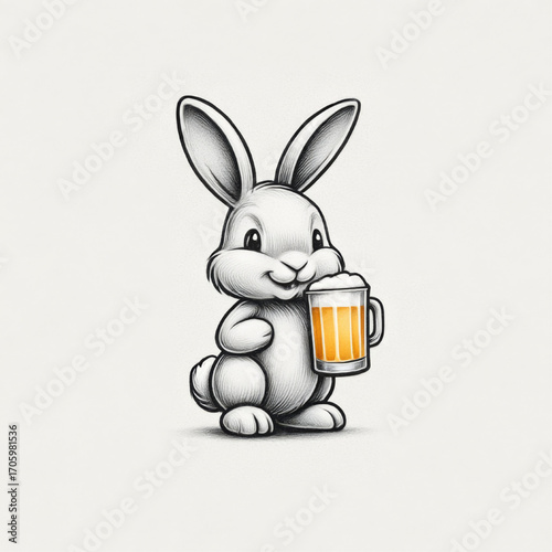 Cute cartoon rabbit happily holding a beer mug on a light background with copy space